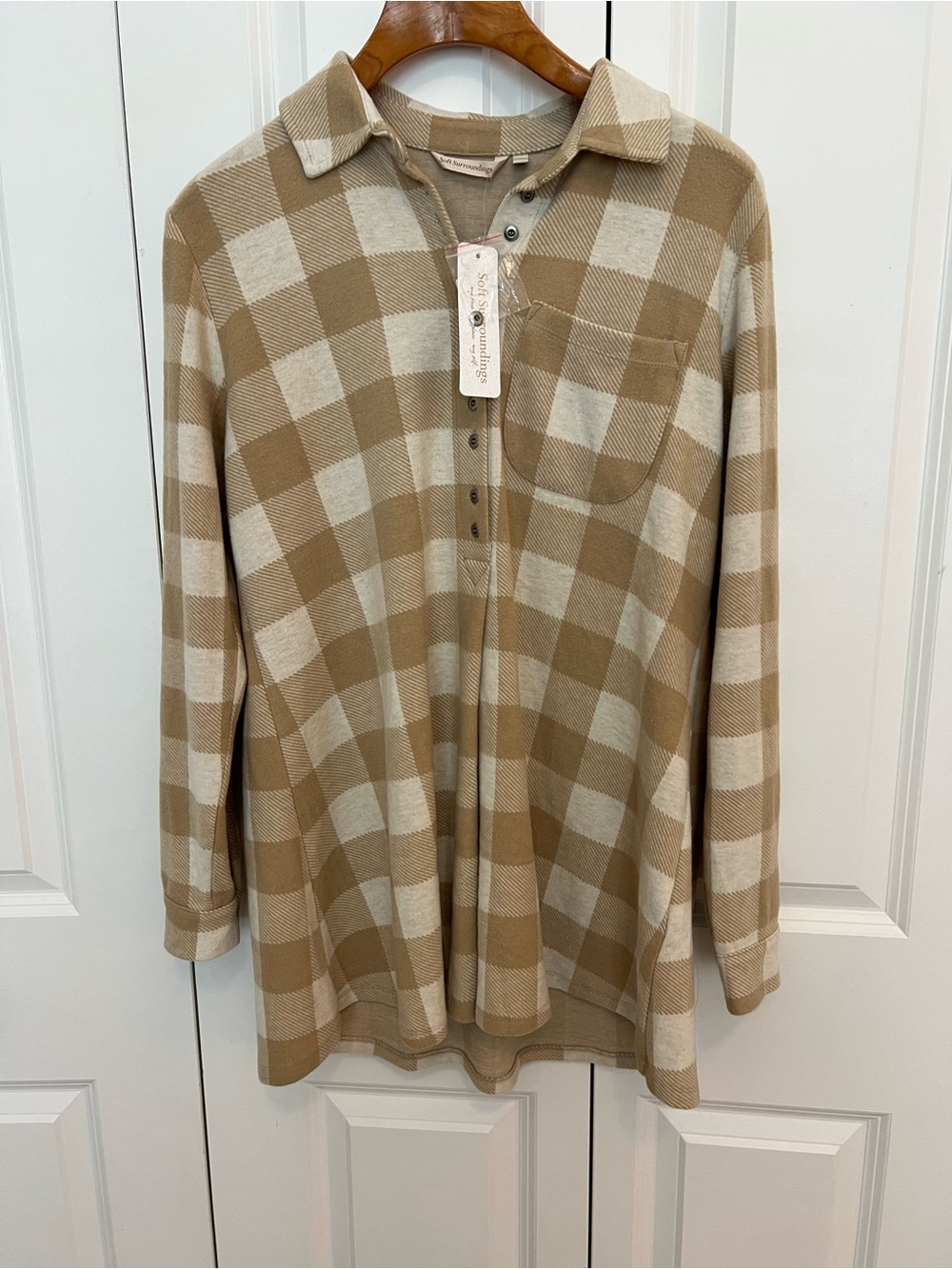 Soft Surroundings NWT Beige Plaid Long Sleeve Button Pullover Shirt